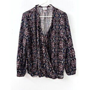 Knox Rose Women's Black Multicolor Printed Long‎ Sleeve Wrap Top Casual Size XL